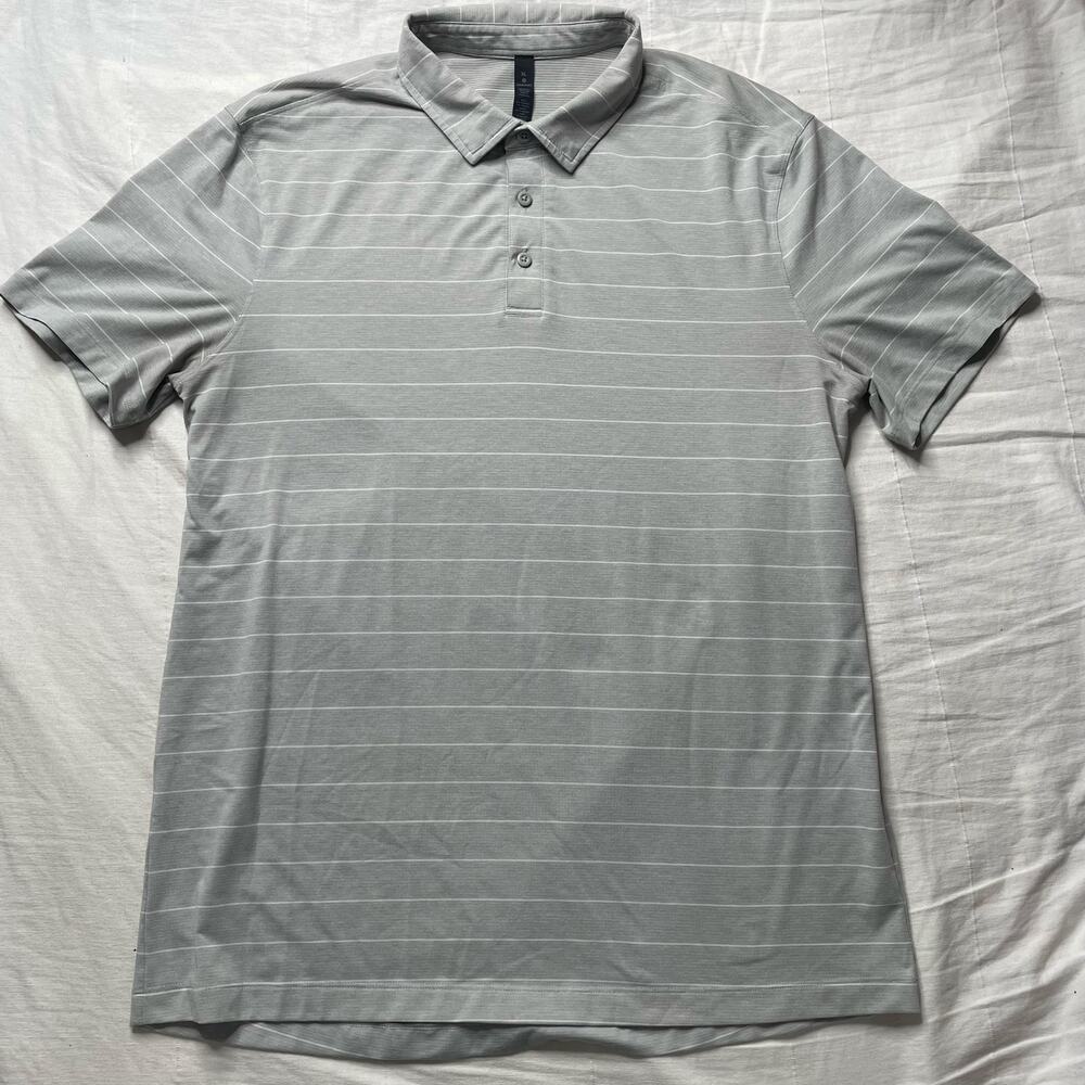 Lululemon Polo Shirt Gray White Striped XL Men's Athleisure Performance Golf